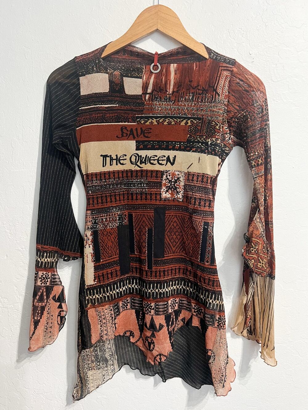 VTG Save The Queen Top Shirt Mesh Y2k Bell Sleeves 90s Italy Brown Abstract